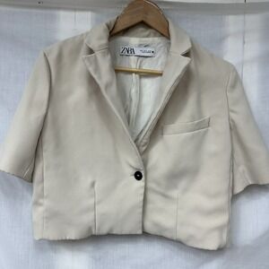 Zara Womens Single Button Pointed Lapel Cropped Blazer Jacket Beige Linen Small